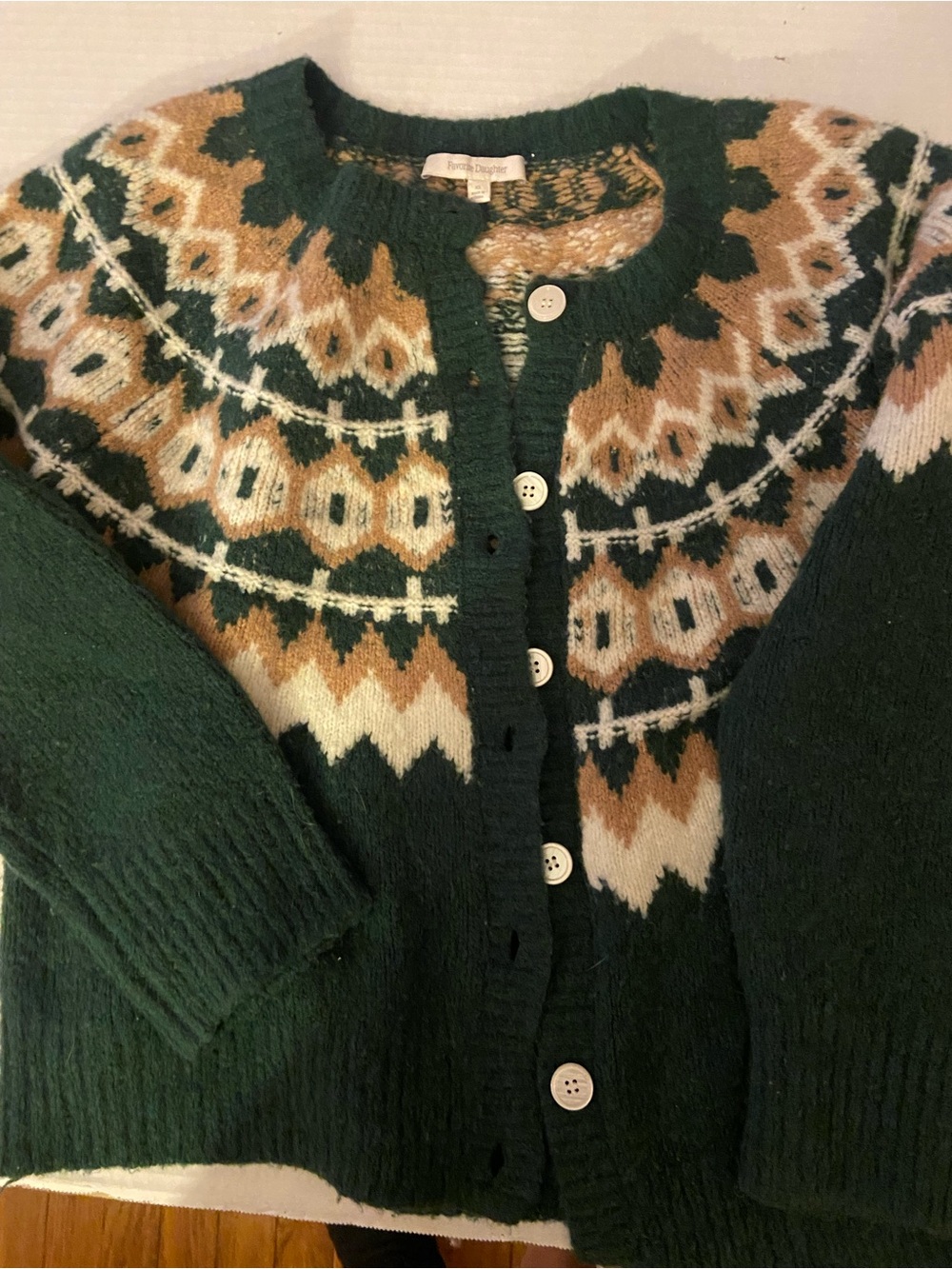 Favorite Daughter "The Snowed In Cardigan" in Green Fair Isle, Size Medium - Picture 7 of 13